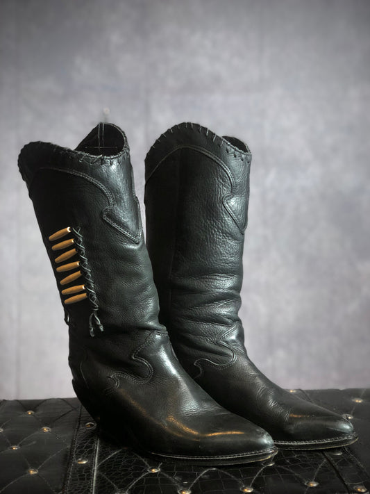 Vintage Zodiac Black Leather Bone Bead Cowboy Boots