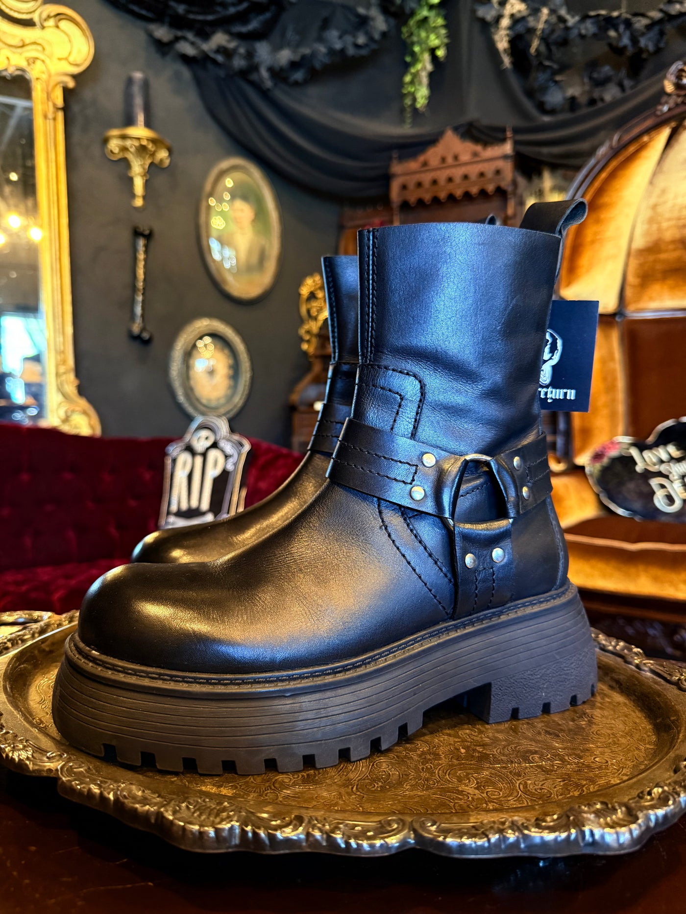 Urban Outfitters Black Leather Platform Moto Boots