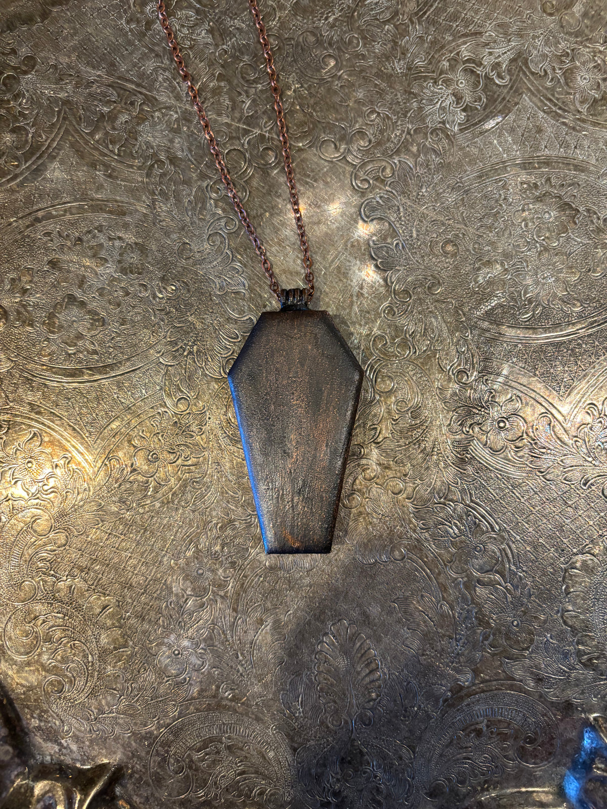 Large Oxidized Copper Coffin Encased Spine and Dried Floral Pendant Necklace by Darling Dead