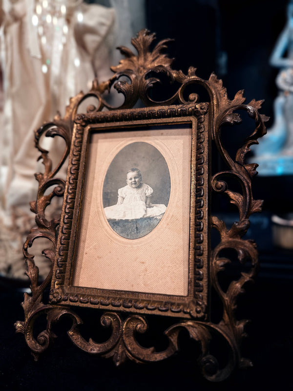 Antique Ornate Gold Frame with Black and White Baby Portrait Photo Card
