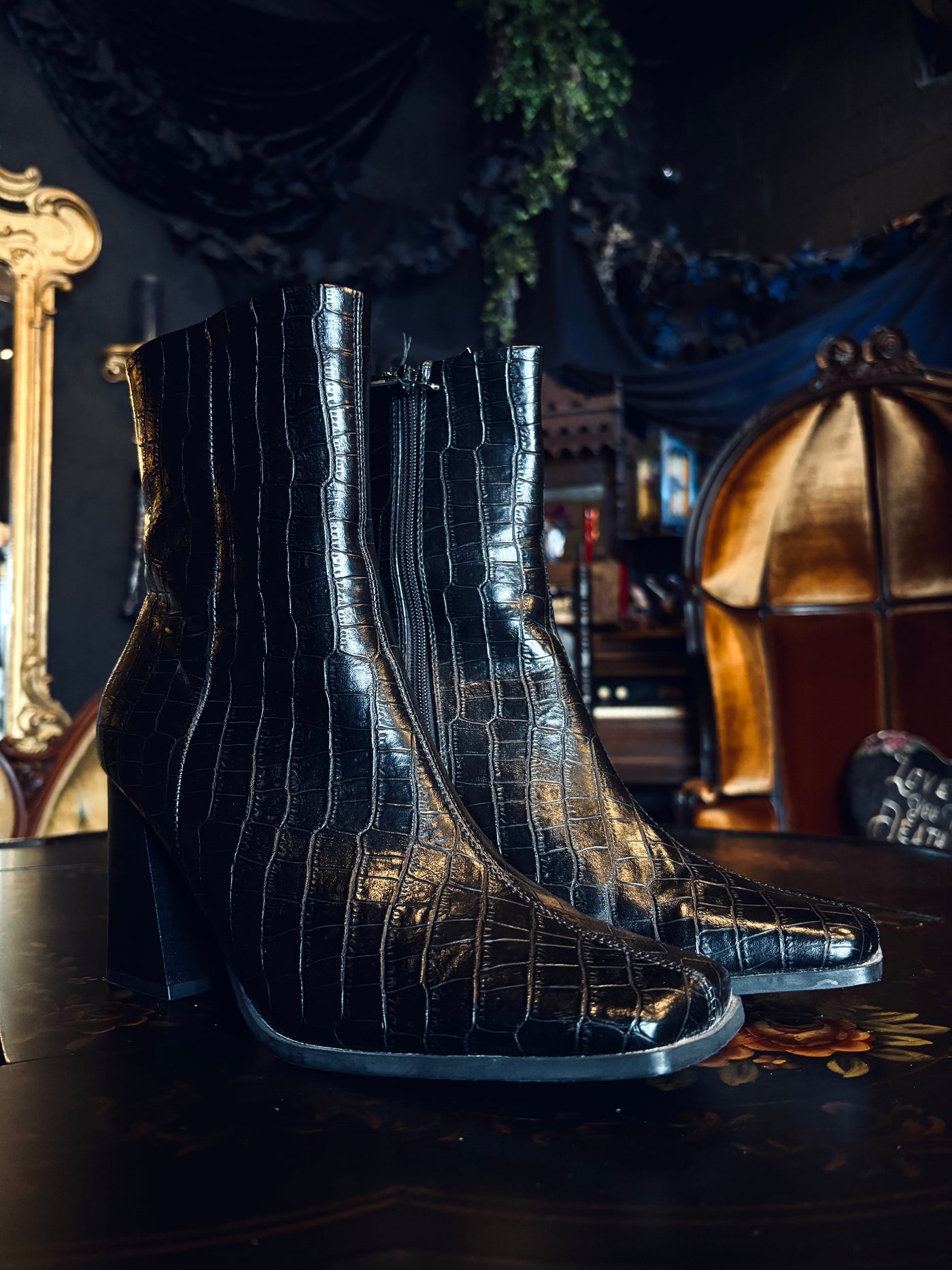 Truffle Collection 90’s Style Square Toe Black Vegan Leather Croc Embossed Chunky Heel Ankle Boots