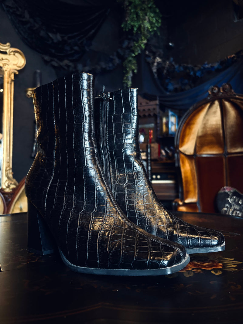 Truffle Collection 90’s Style Square Toe Black Vegan Leather Croc Embossed Chunky Heel Ankle Boots