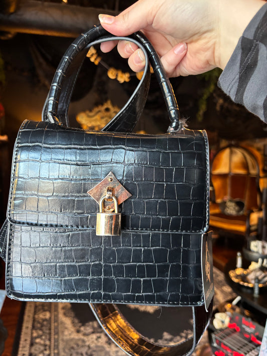 Black Faux Leather Croc Embossed Crossbody Bag w/Gold Tone Hardware