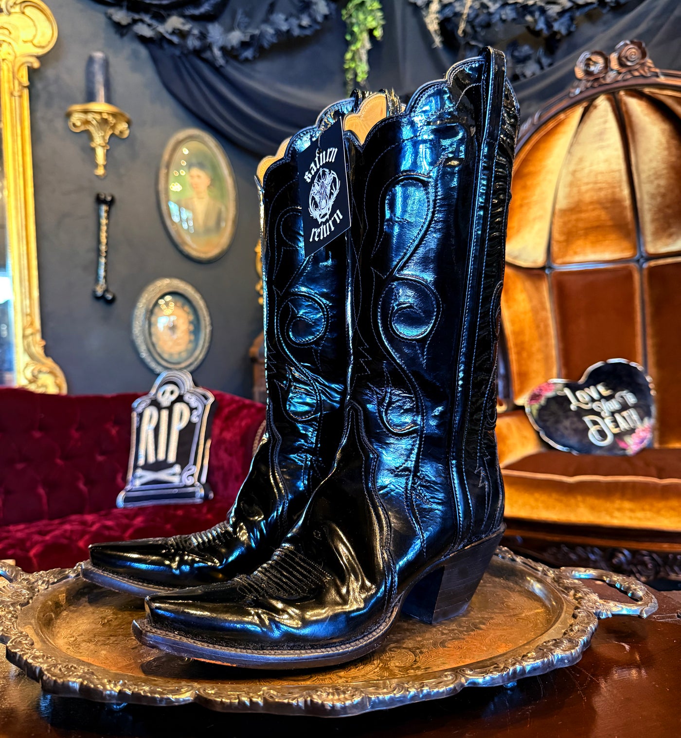 Lucchese Black Patent Leather Cowboy Boots