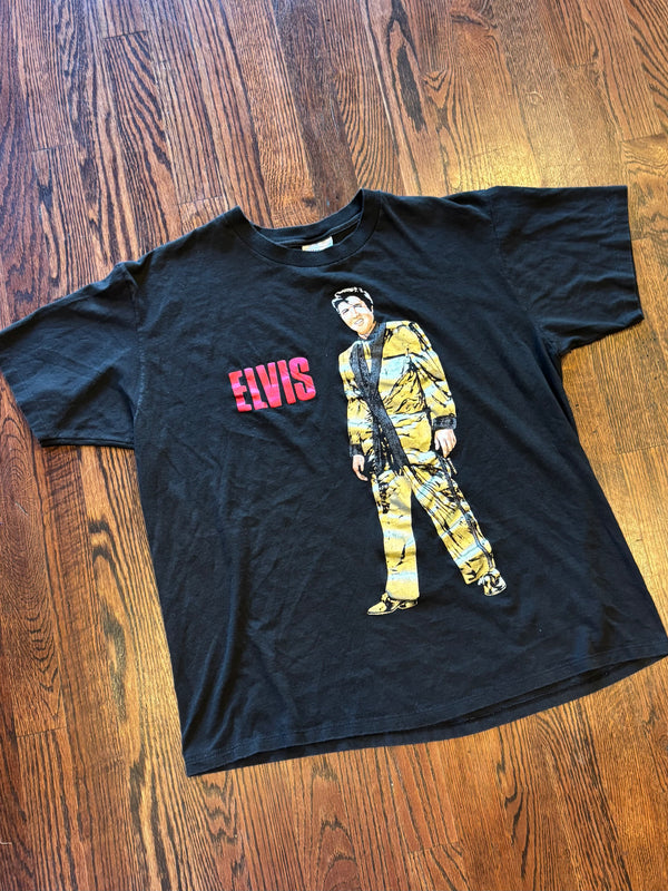 Vintage 1989 Elvis Black and Gold Flash Single Stitch Hanes Short Sleeve T-Shirt