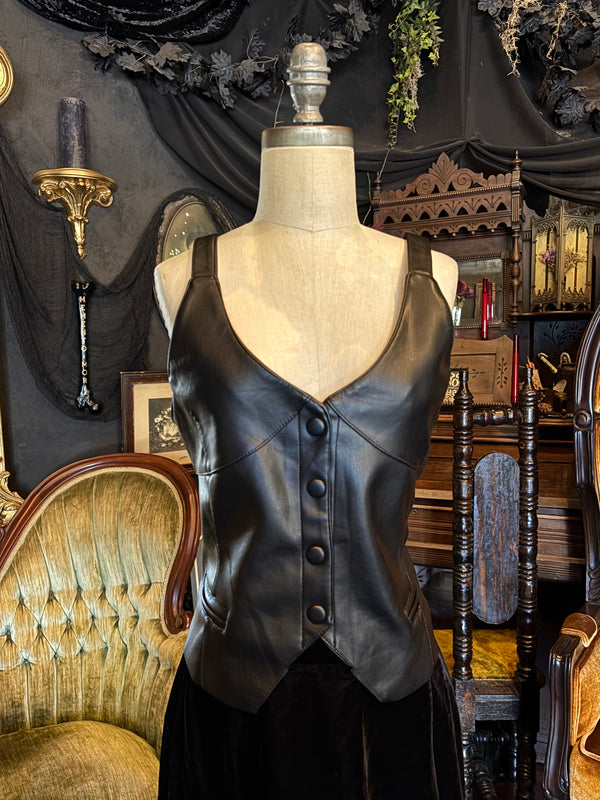 NWT Black Faux Leather Button Crop Top Vest