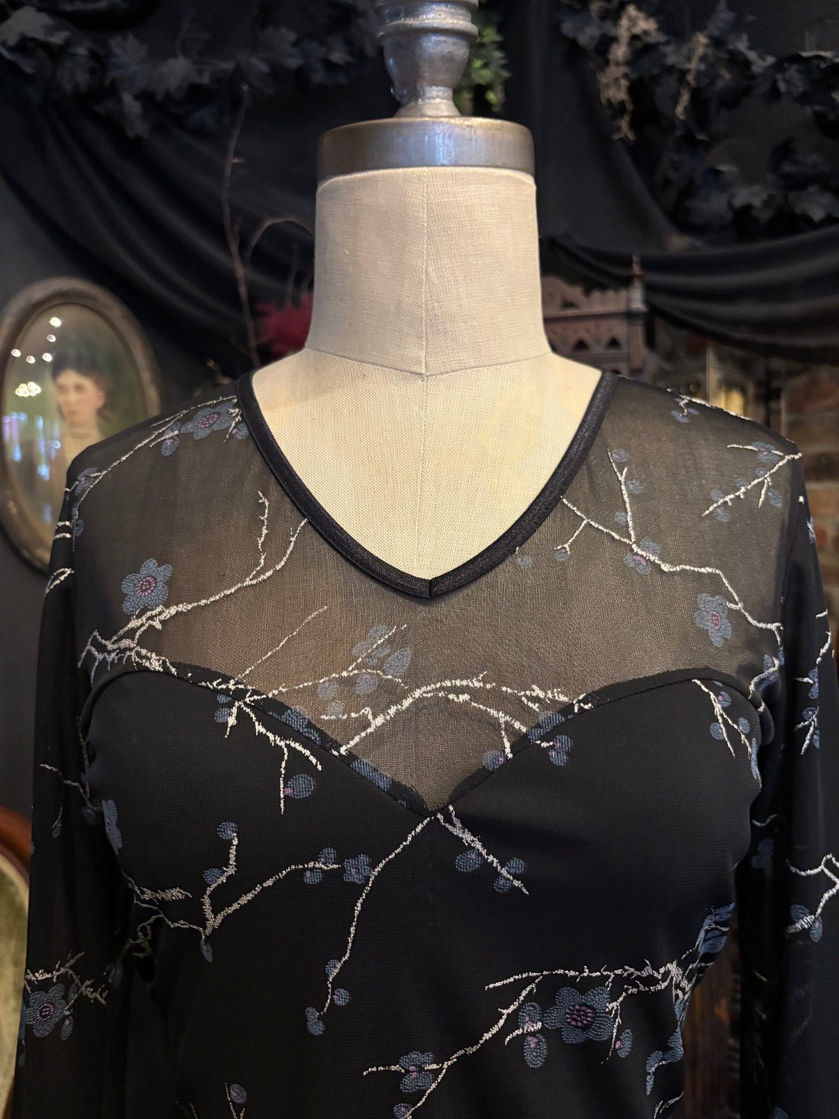 90s Floral Black Mesh Long Sleeve Top