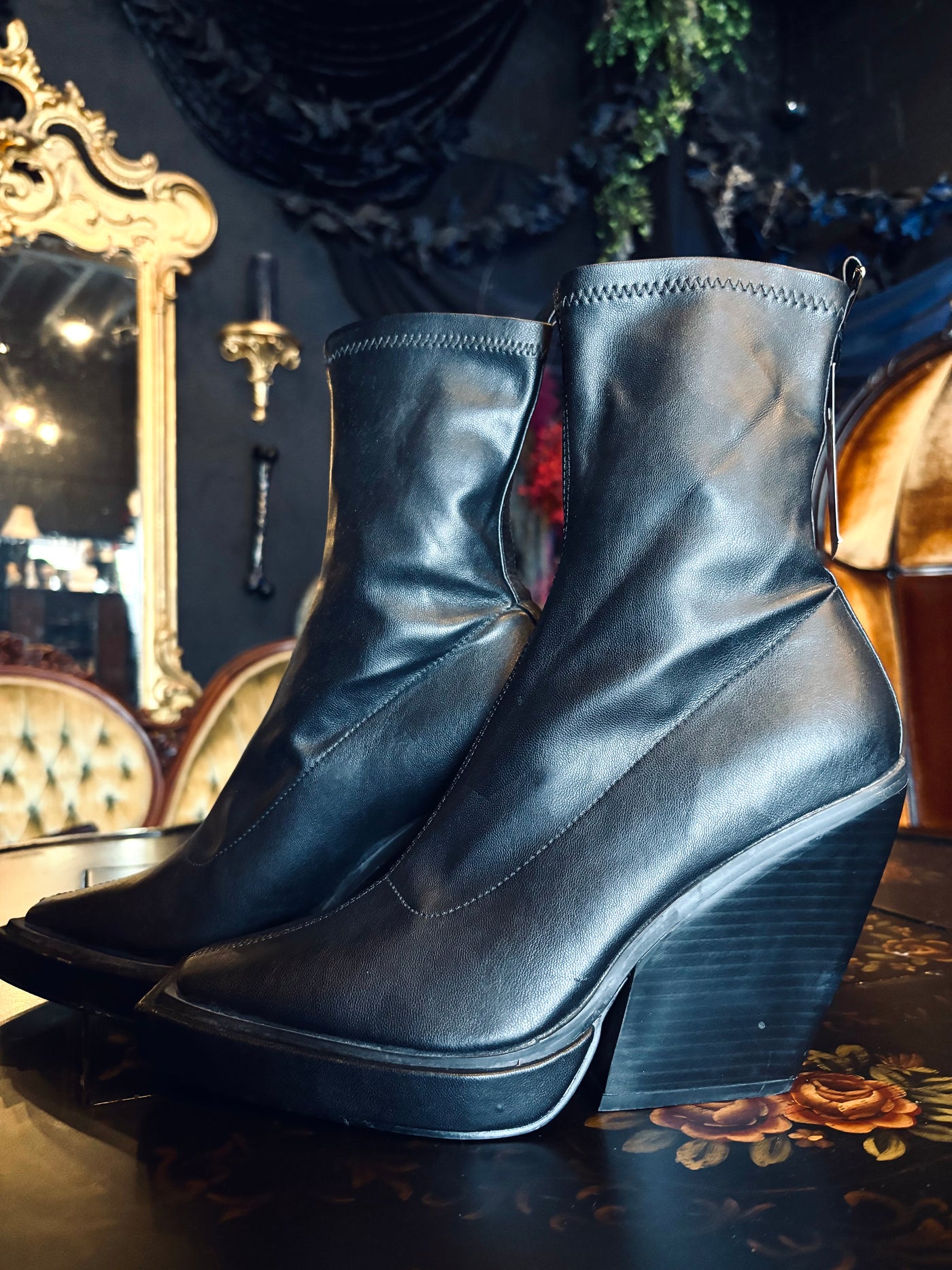 Desire Black Vegan Leather Square Toe Chunky Heel Ankle Sock Booties