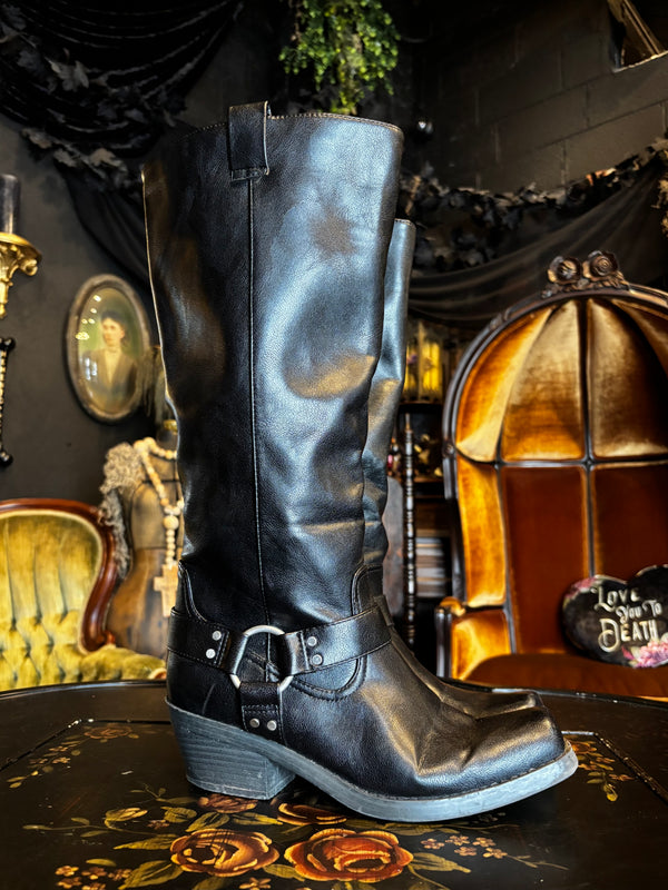 Black Vegan Leather Knee High O-Ring Moto Boots