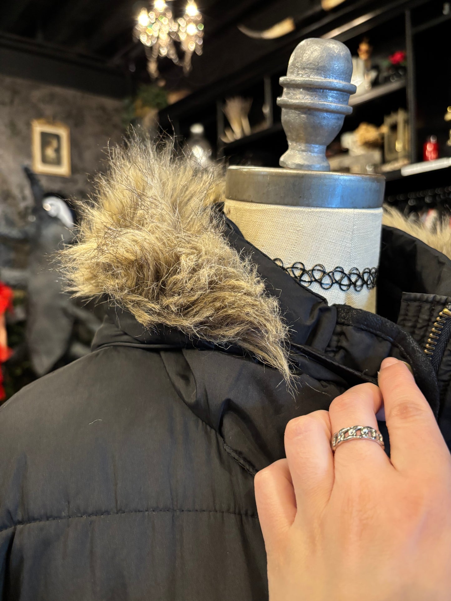 Black and Faux Fur Trim Hooded Puffer Parka Coat