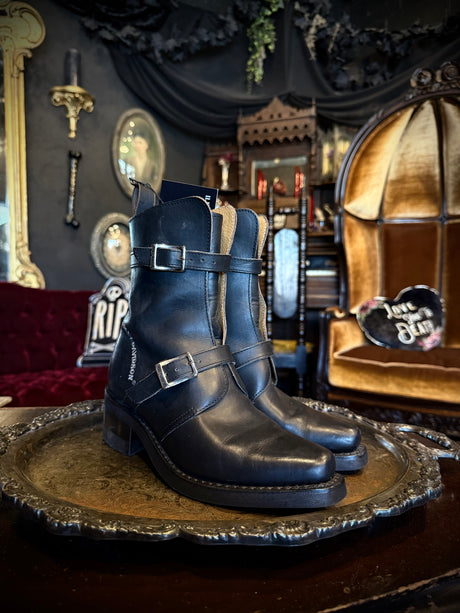 Harley-Davidson Vintage Black Leather Pointed Toe Buckle Boots