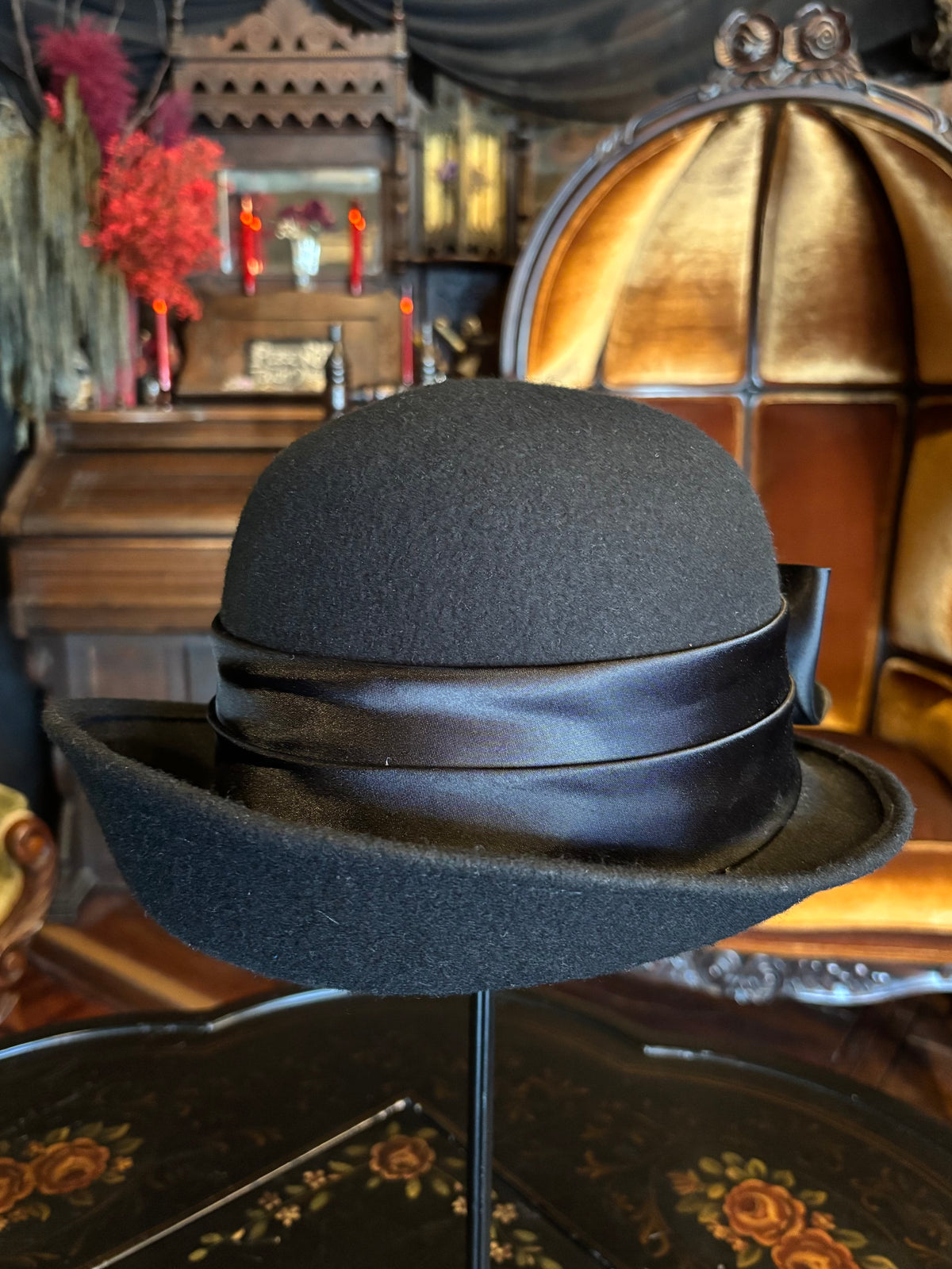 Vintage Inspired Black Wool Felt Bow Bowler Hat