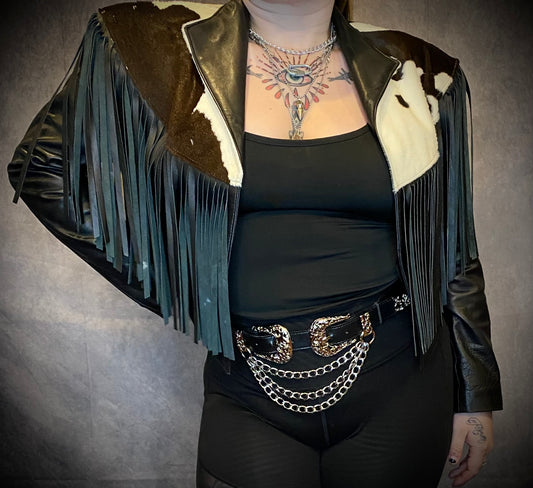 Vintage Continental Cowhide And Black Leather Fringed Cropped Jacket