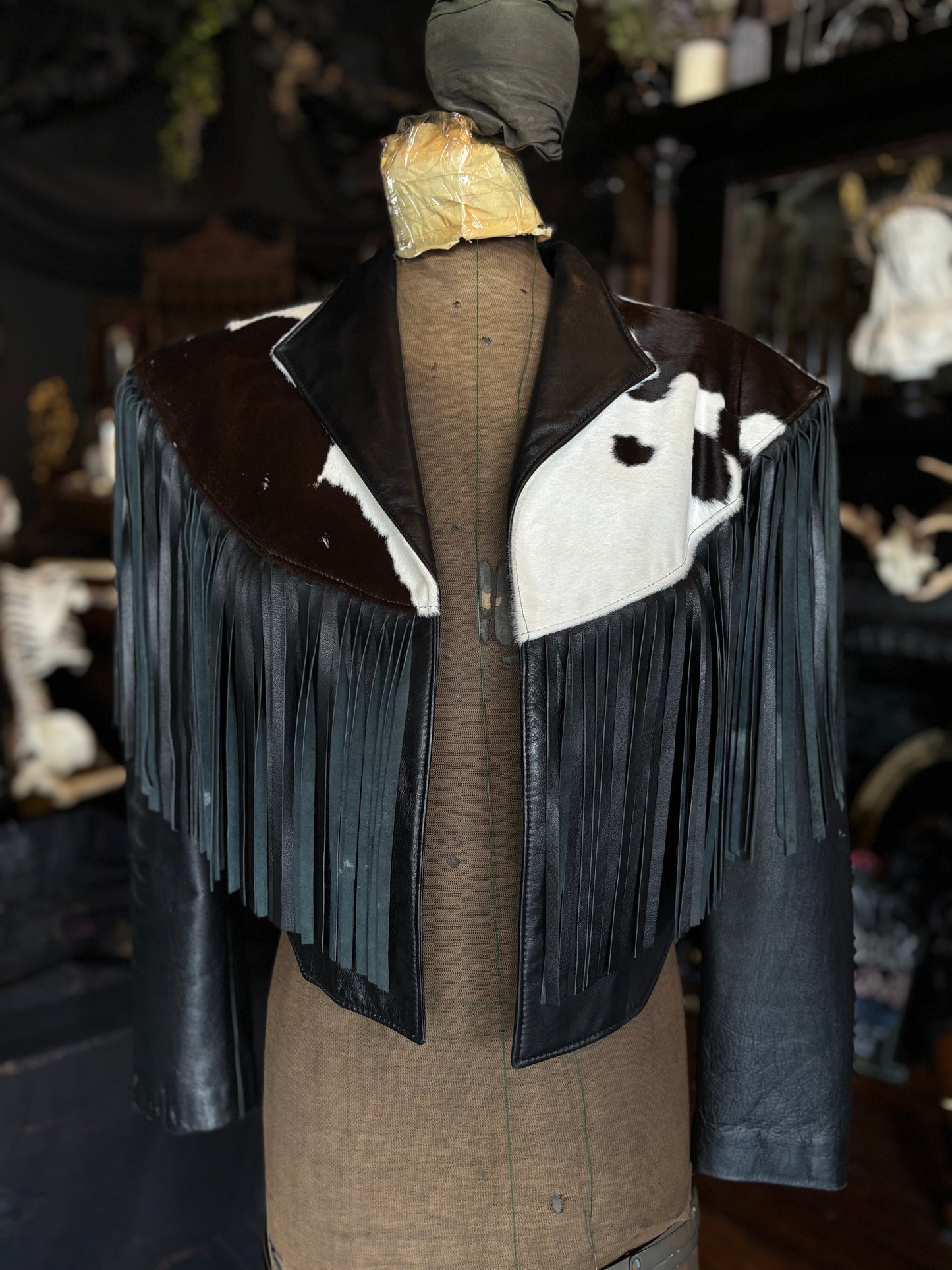 Vintage Continental Cowhide And Black Leather Fringed Cropped Jacket