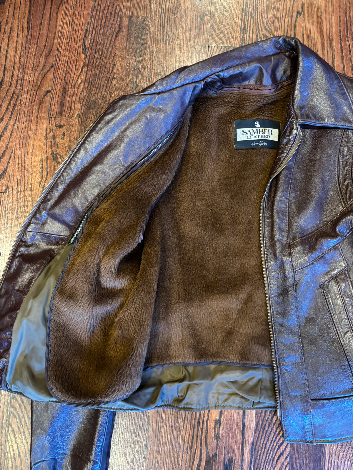 Vintage Samber Leather Brown Cognac Faux Fur Lined Leather Jacket