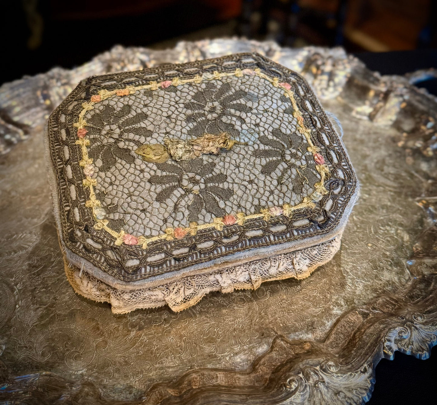 Antique Floral Lace Sewing Box