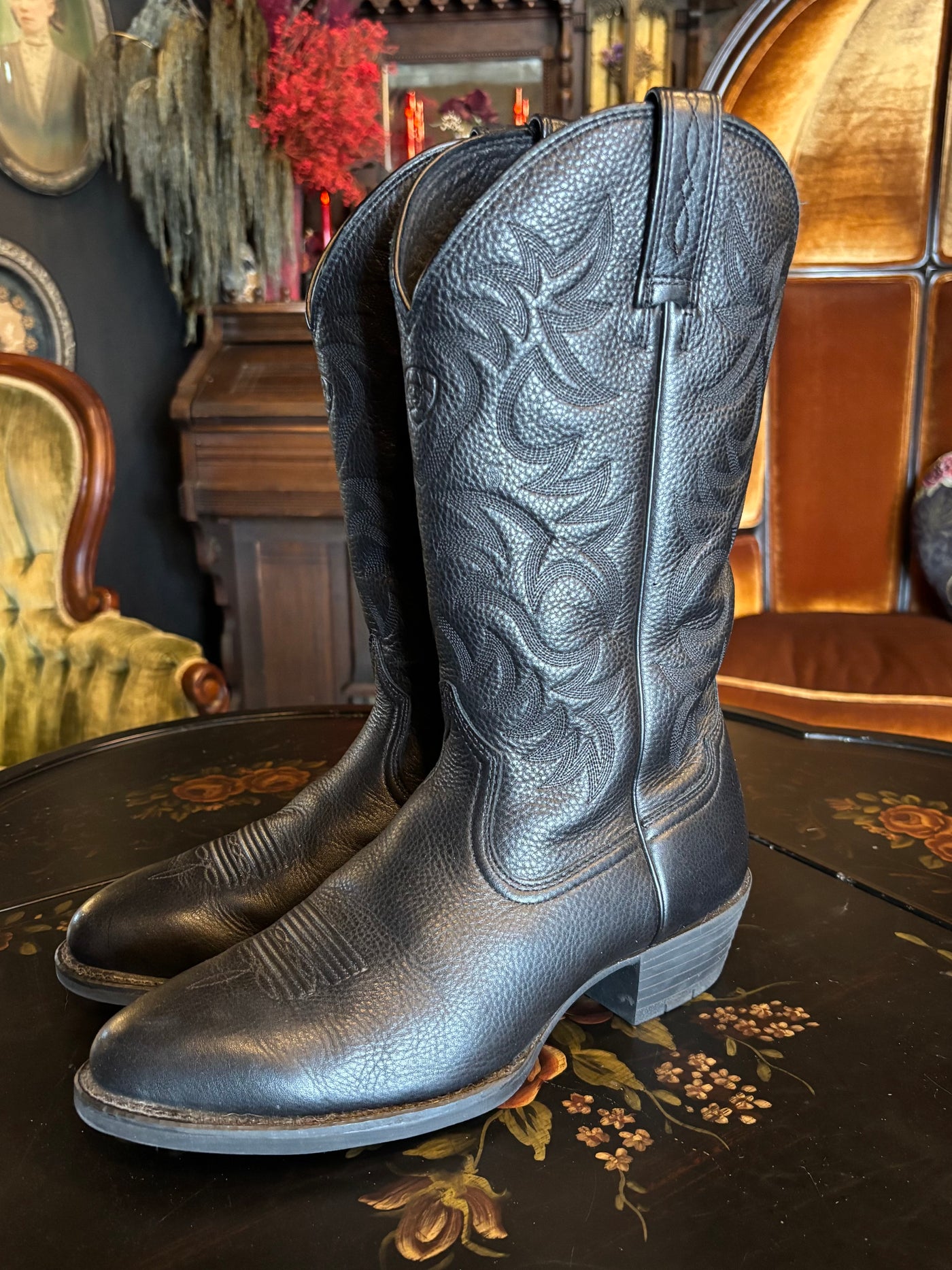 Ariat Classic Black Leather Embroidered Cowboy Boots