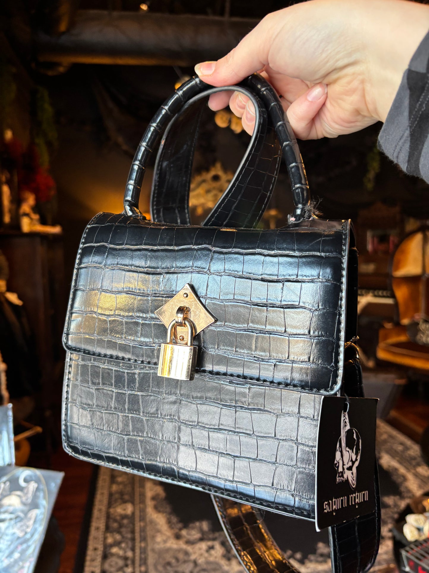 Black Faux Leather Croc Embossed Crossbody Bag w/Gold Tone Hardware