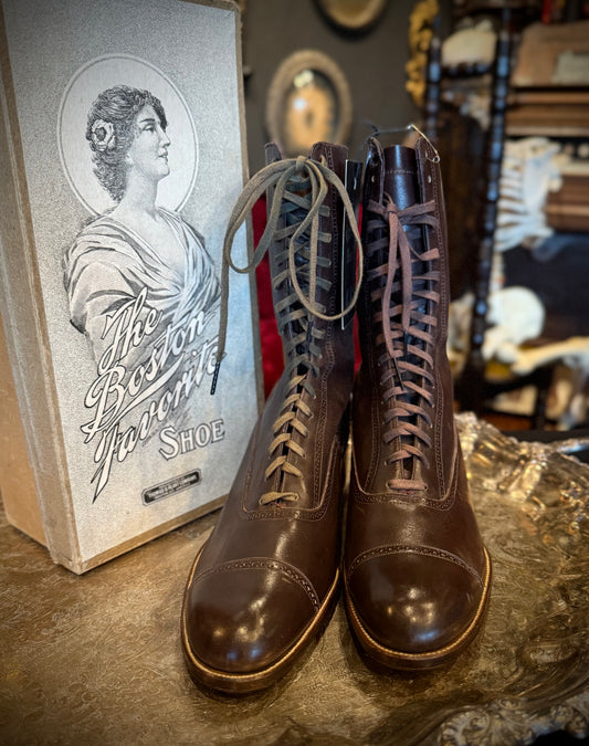 Antique ‘The Boston Favorite’ Brown Leather Deadstock Victorian Lace-Up Boots w/ Original Box
