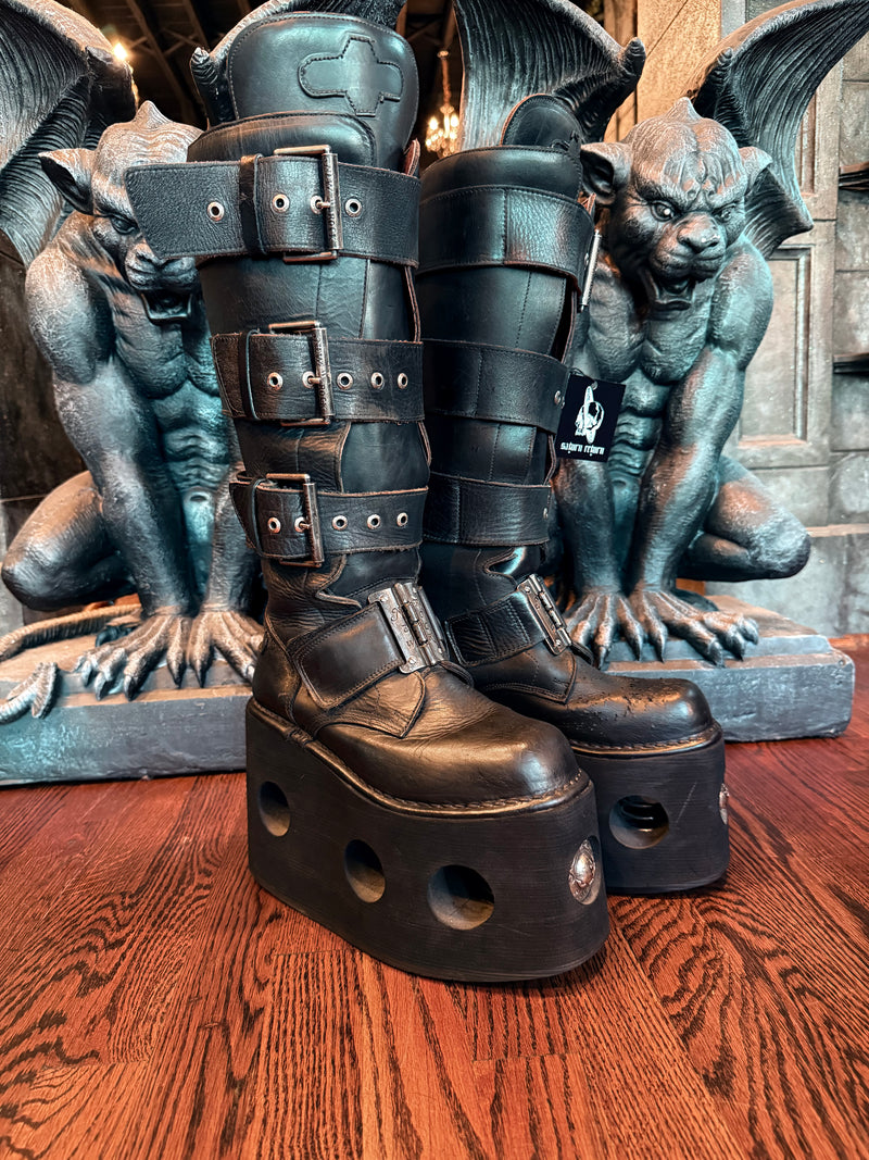 Vintage New Rock Black Leather Double Stacked Tall Neptuno Platform Boots