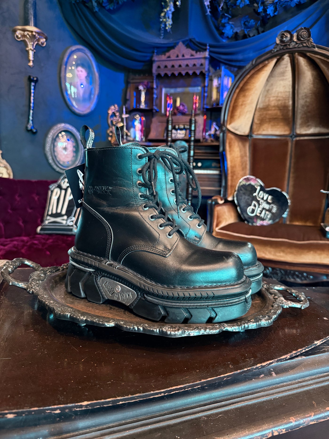 New Rock Black Leather Goth Industrial Platform Goth Boots w/ Zipper Detail