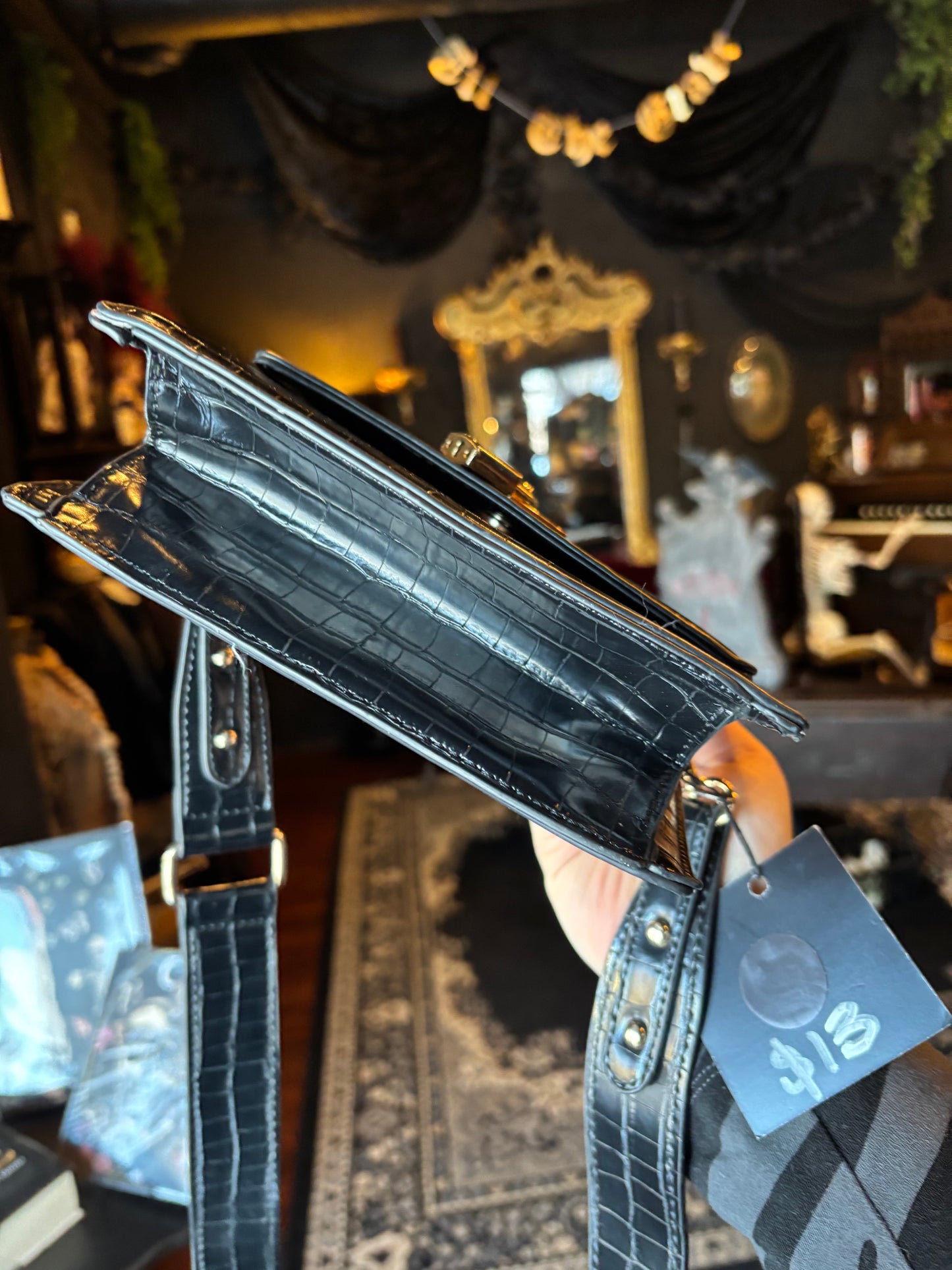 Black Faux Leather Croc Embossed Crossbody Bag w/Gold Tone Hardware