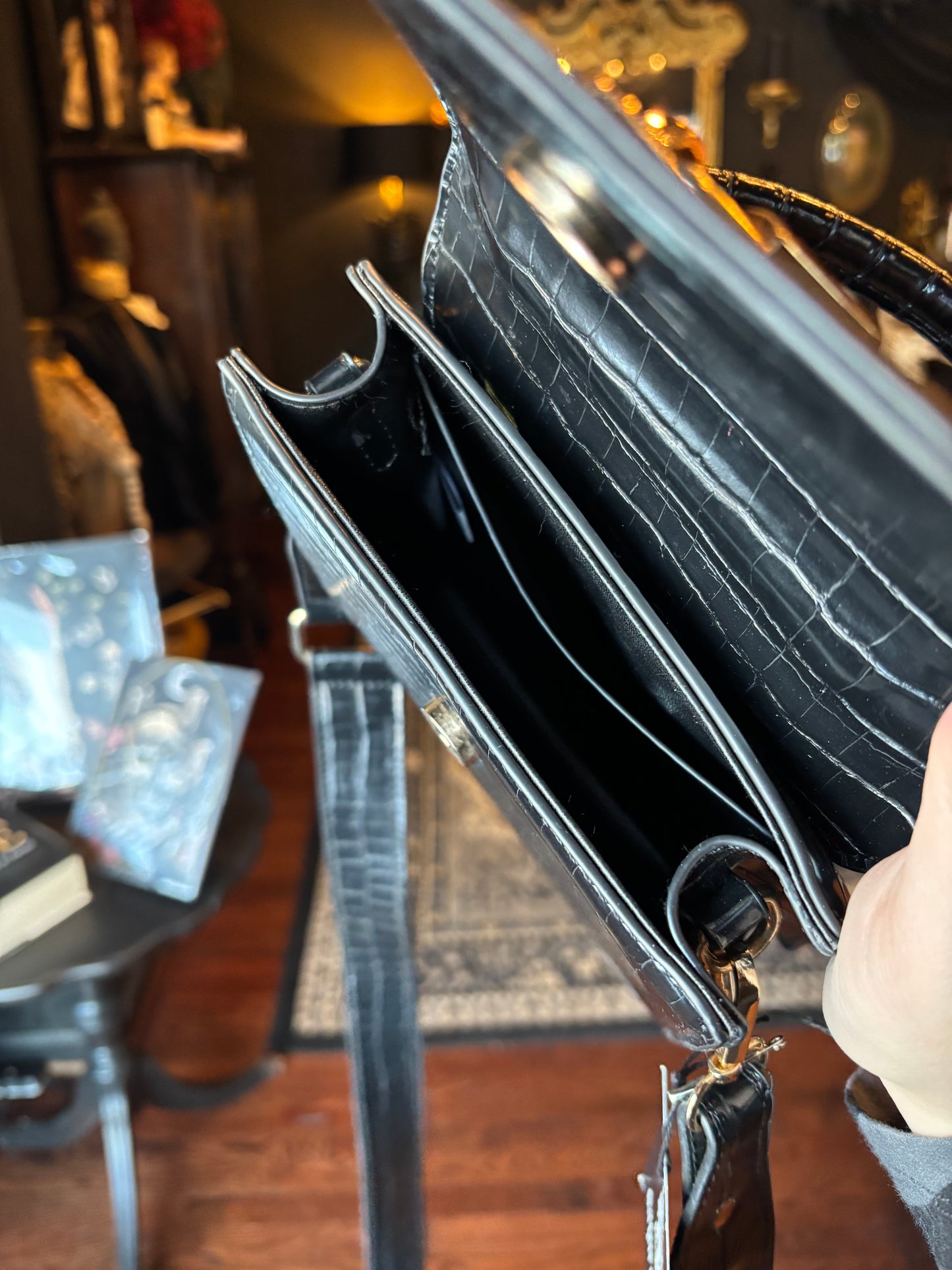 Black Faux Leather Croc Embossed Crossbody Bag w/Gold Tone Hardware