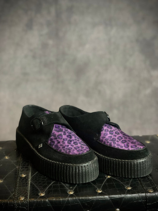 T.U.K. Black and Purple Leopard Suede Creepers