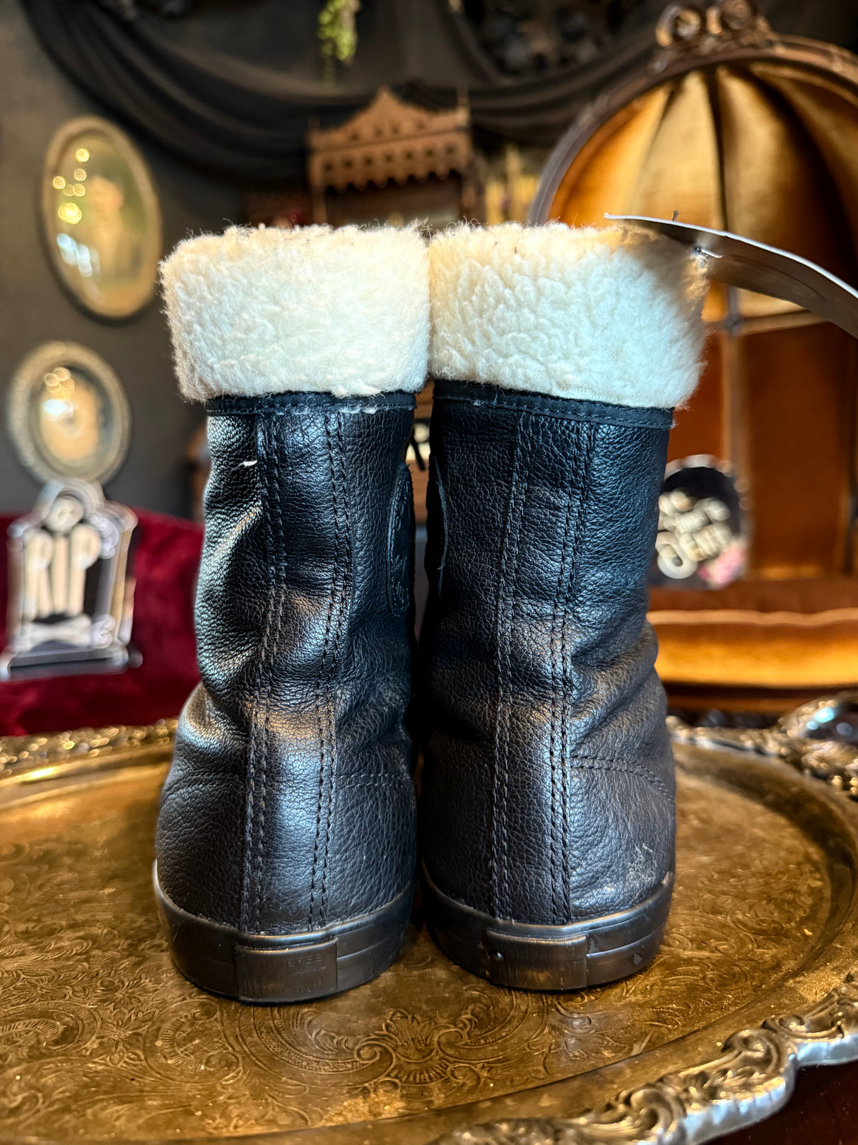 Black Leather Converse High Top Shearling Cuffed Sneakers