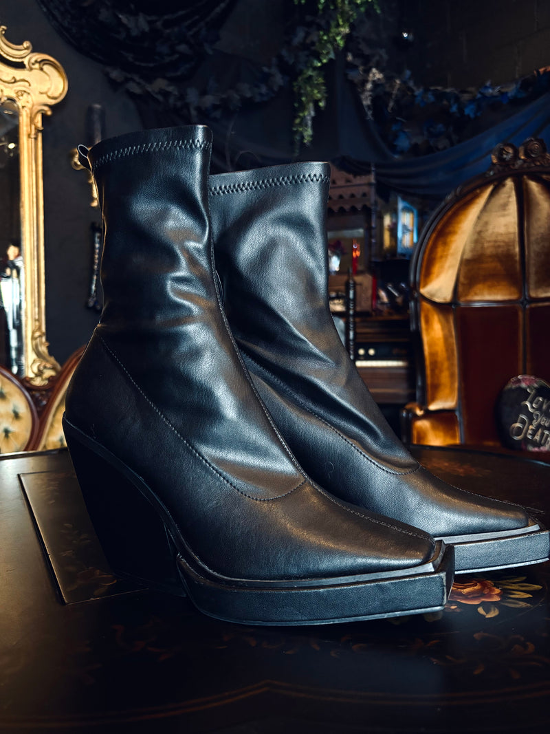 Desire Black Vegan Leather Square Toe Chunky Heel Ankle Sock Booties
