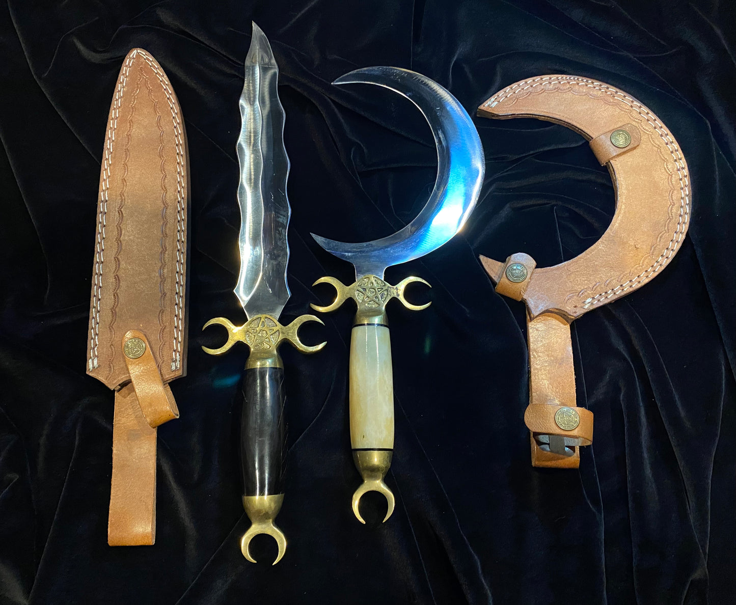 Dual Ritual Athamé and Crescent Sickle Knife Set