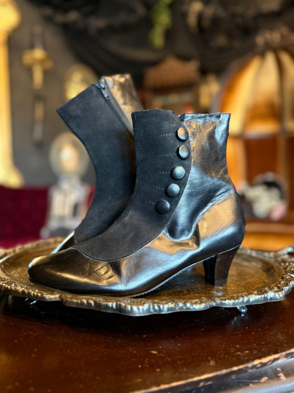Vintage Black Leather and Suede Button Snap Detail Heeled Boots