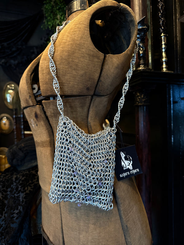 Handmade Silver w/ Purple Beads Aluminum Small Size Chainmail Handbag