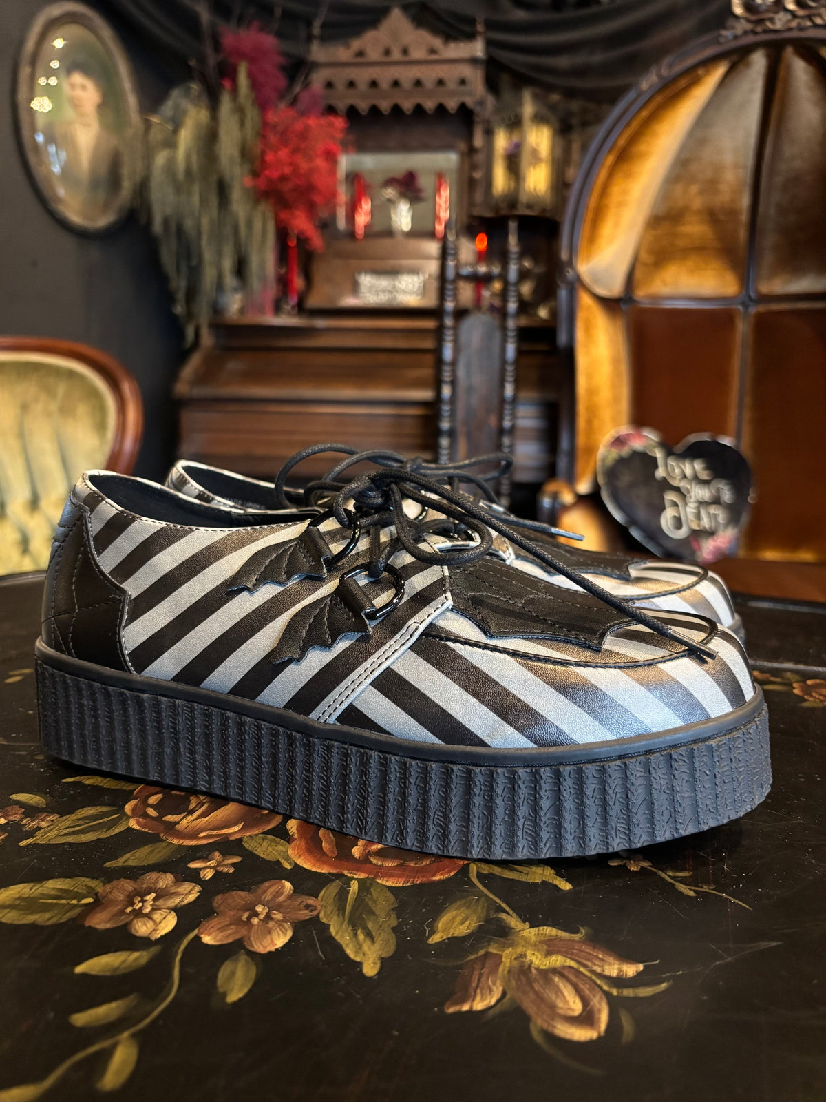Strange Cvlt Black & Grey Stripe Widow Creepers