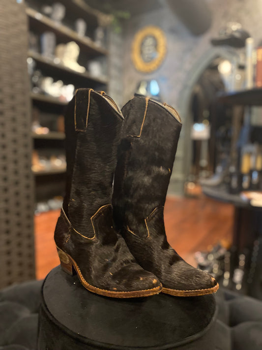 Vintage Rango Botas Black Fur Cowhide Cowboy Boots Size 6 Women’s