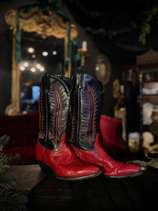Tony Lama Red And Black Embroidered Lizard Leather Cowgirl Boots 7 Women’s