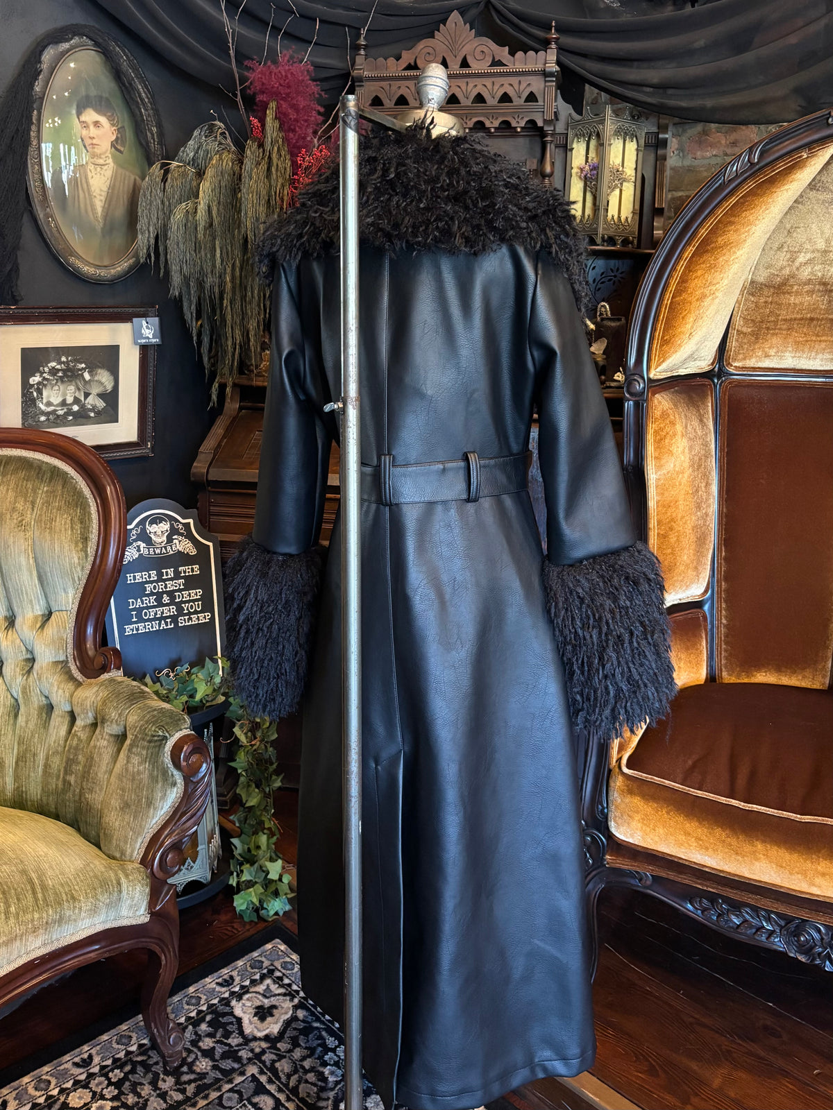 Epic Killstar Discontinued Black Vegan Leather Faux Fur Trim Long Winter Coat
