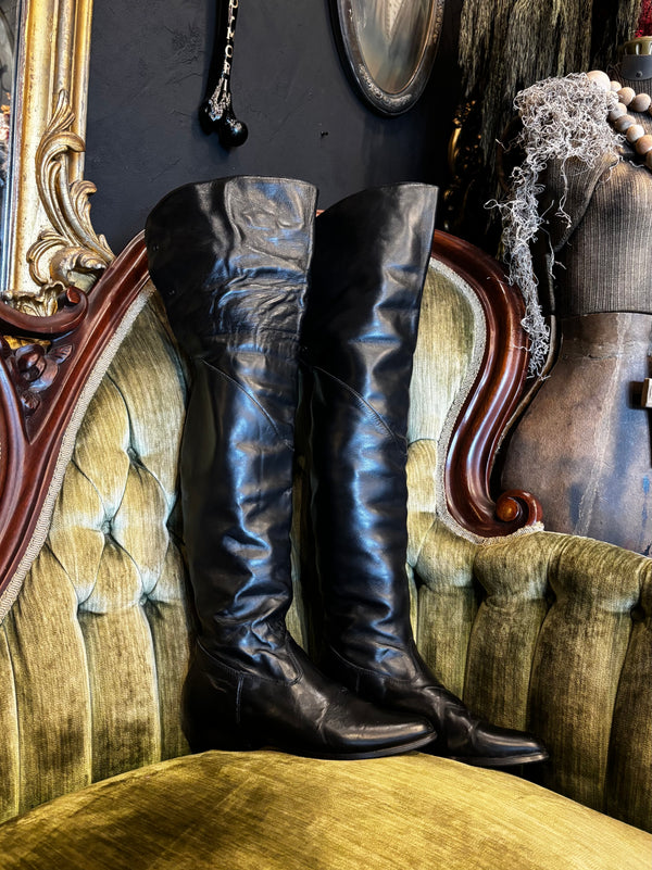 Vintage Black Leather Pirate Style Sky Thigh High Boots