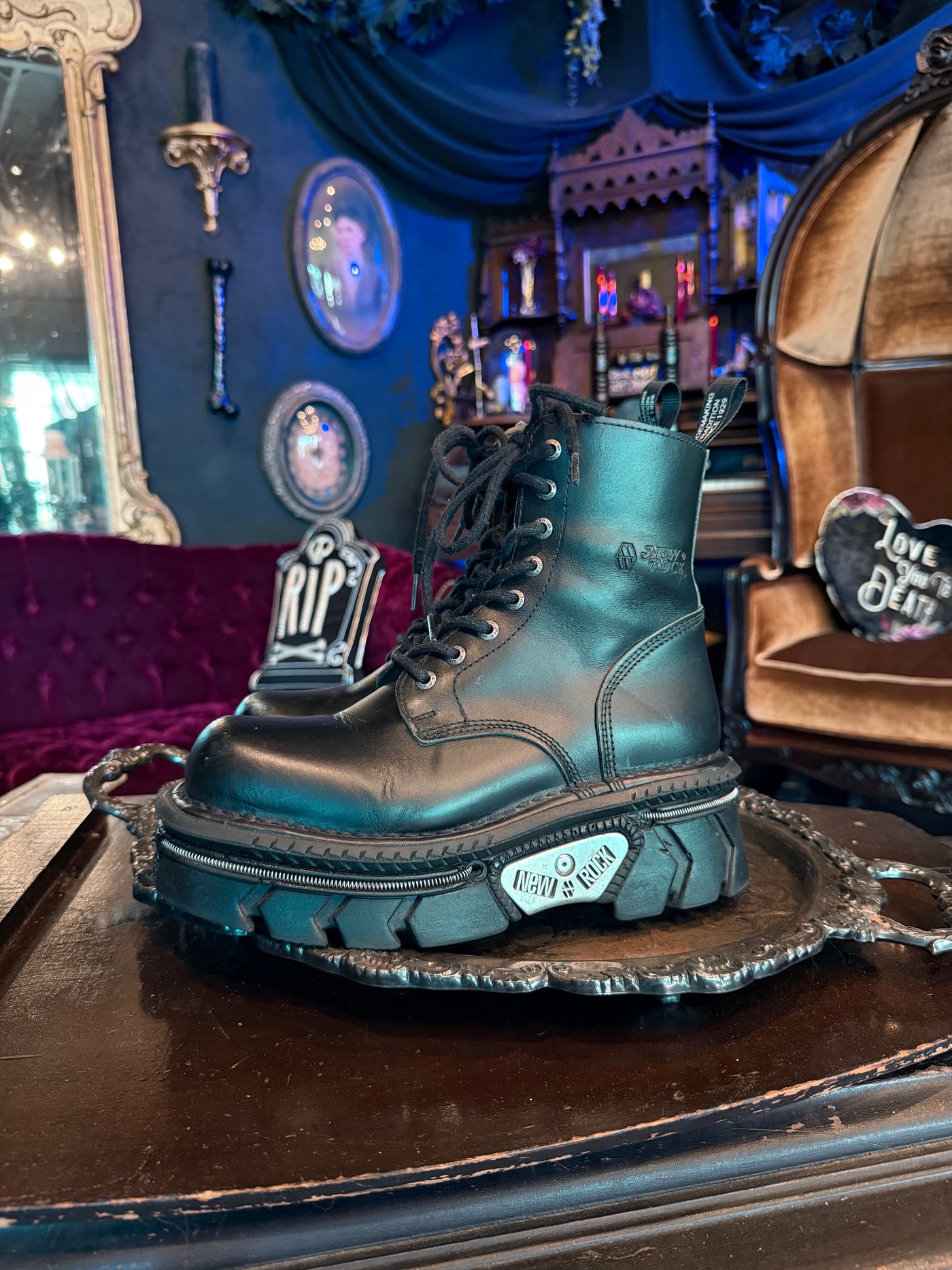 New Rock Black Leather Goth Industrial Platform Goth Boots w/ Zipper Detail