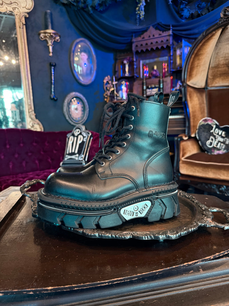 New Rock Black Leather Goth Industrial Platform Goth Boots w/ Zipper Detail