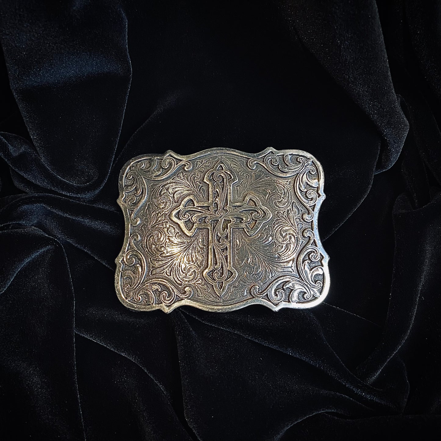 Stainless Steel Ornate Crucifix Engraved Belt Buckle