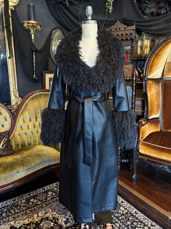 Epic Killstar Discontinued Black Vegan Leather Faux Fur Trim Long Winter Coat