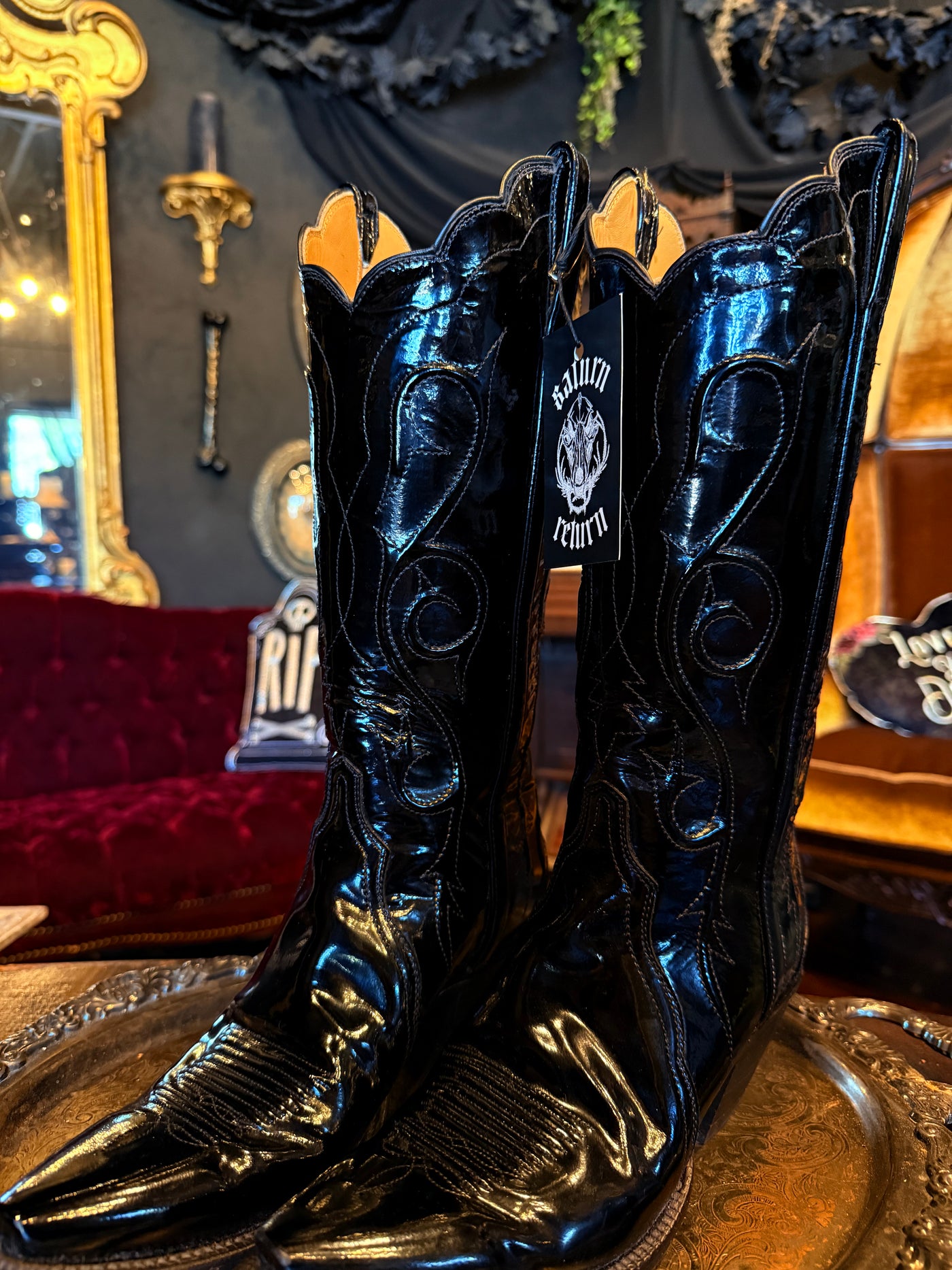 Lucchese Black Patent Leather Cowboy Boots