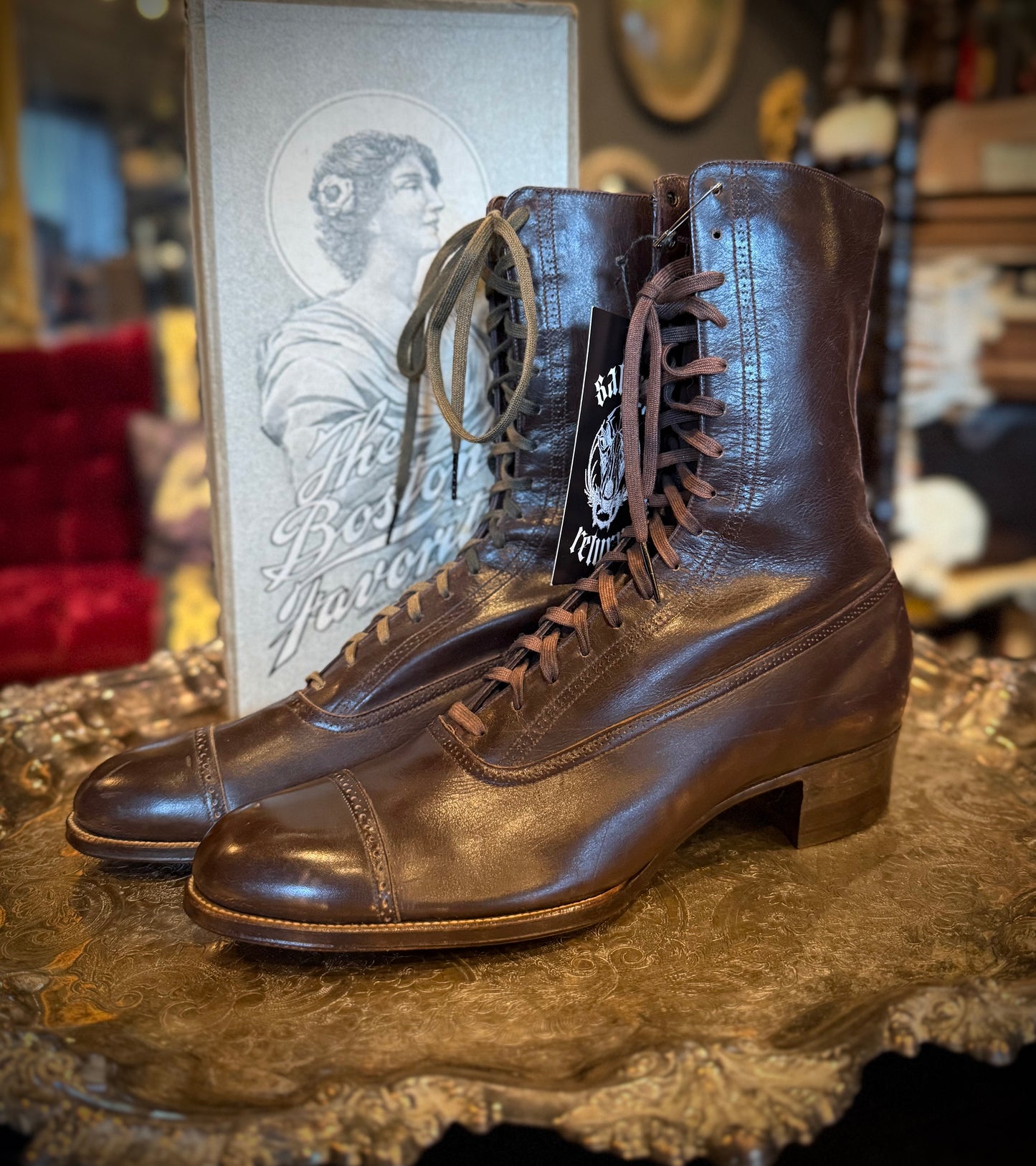 Antique ‘The Boston Favorite’ Brown Leather Deadstock Victorian Lace-Up Boots w/ Original Box