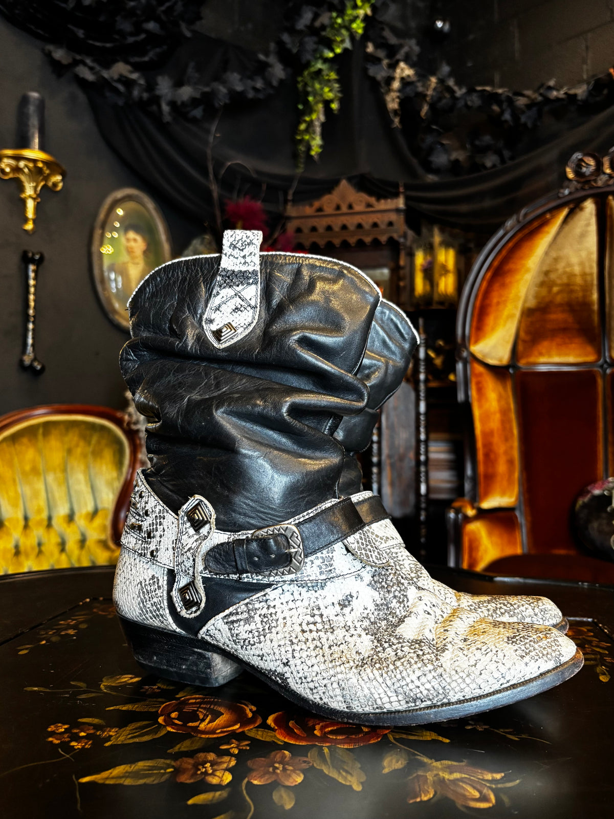 Vintage Leather and Snake Skin Slouchy Cowboy Boots ￼