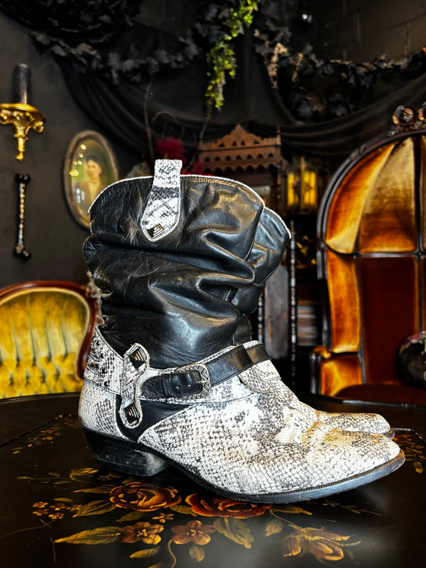 Vintage Leather and Snake Skin Slouchy Cowboy Boots ￼