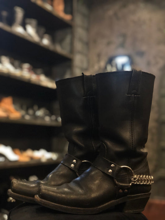 FRYE Black Boots with Custom Chainmail Boot Strap