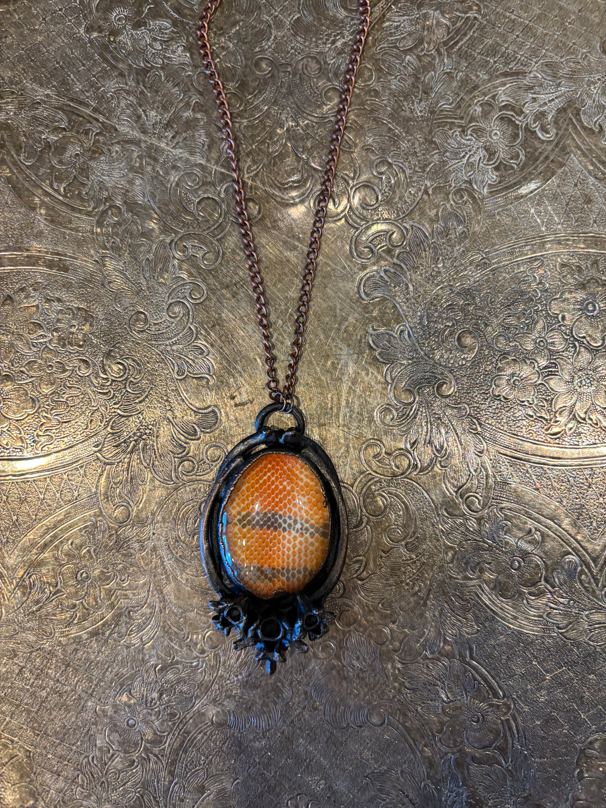 Speciality Bright Orange Floral Detail Oxidized Copper Snakeskin Shed Amulet Pendant Necklace by Darling Dead