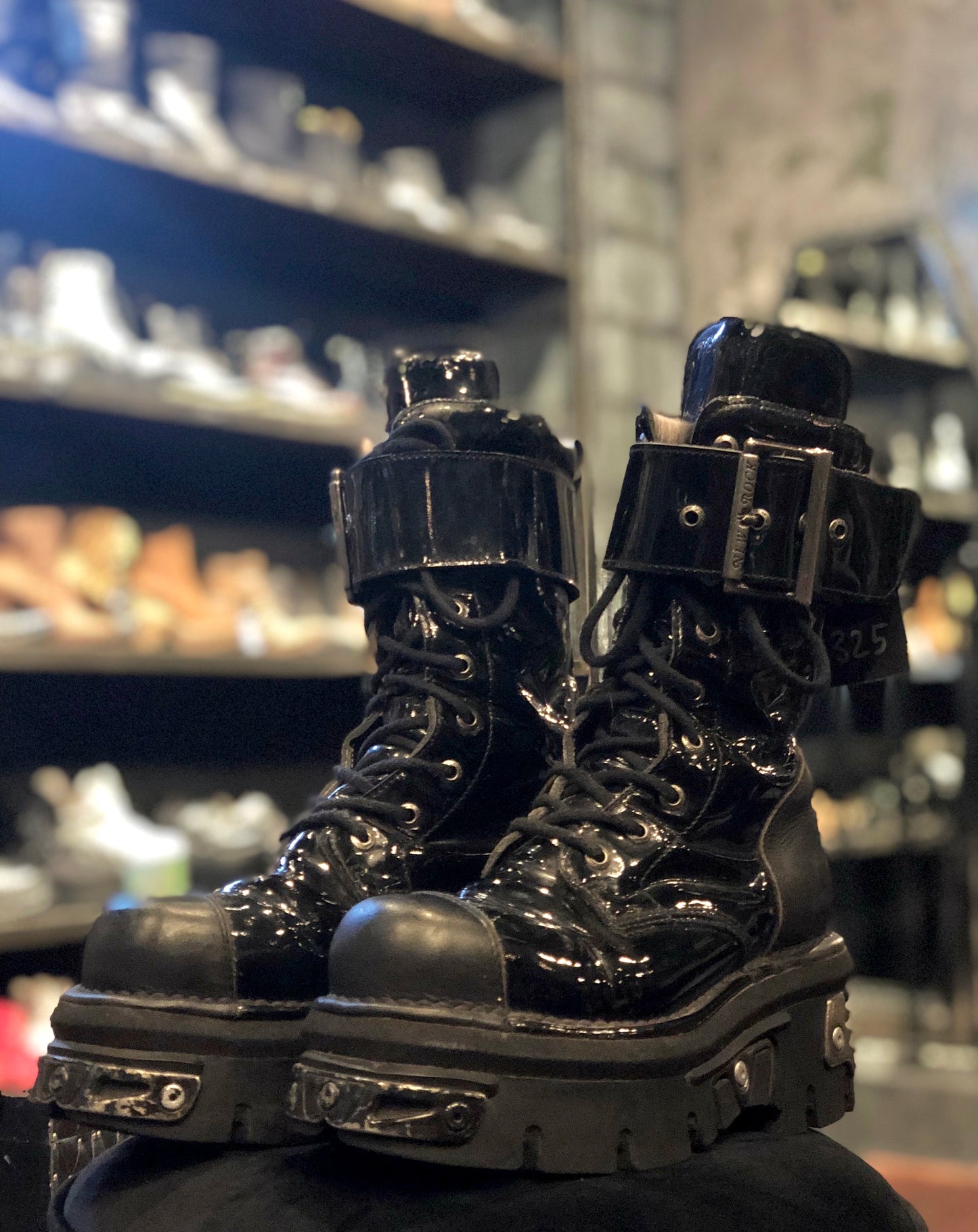 New Rock Black Patent Leather Reactor Buckle Boots
