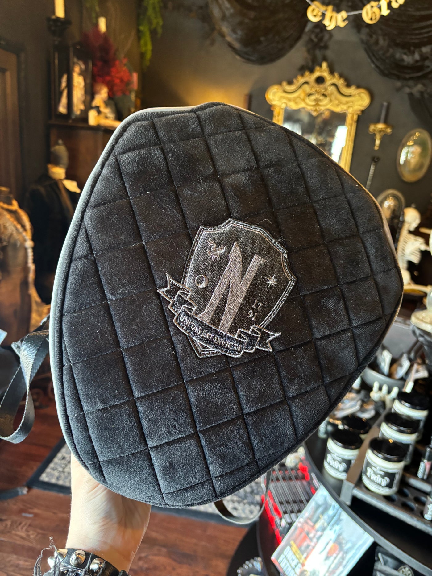 Killstar Wednesday Black Velvet and Vegan Leather Nevermore Backpack